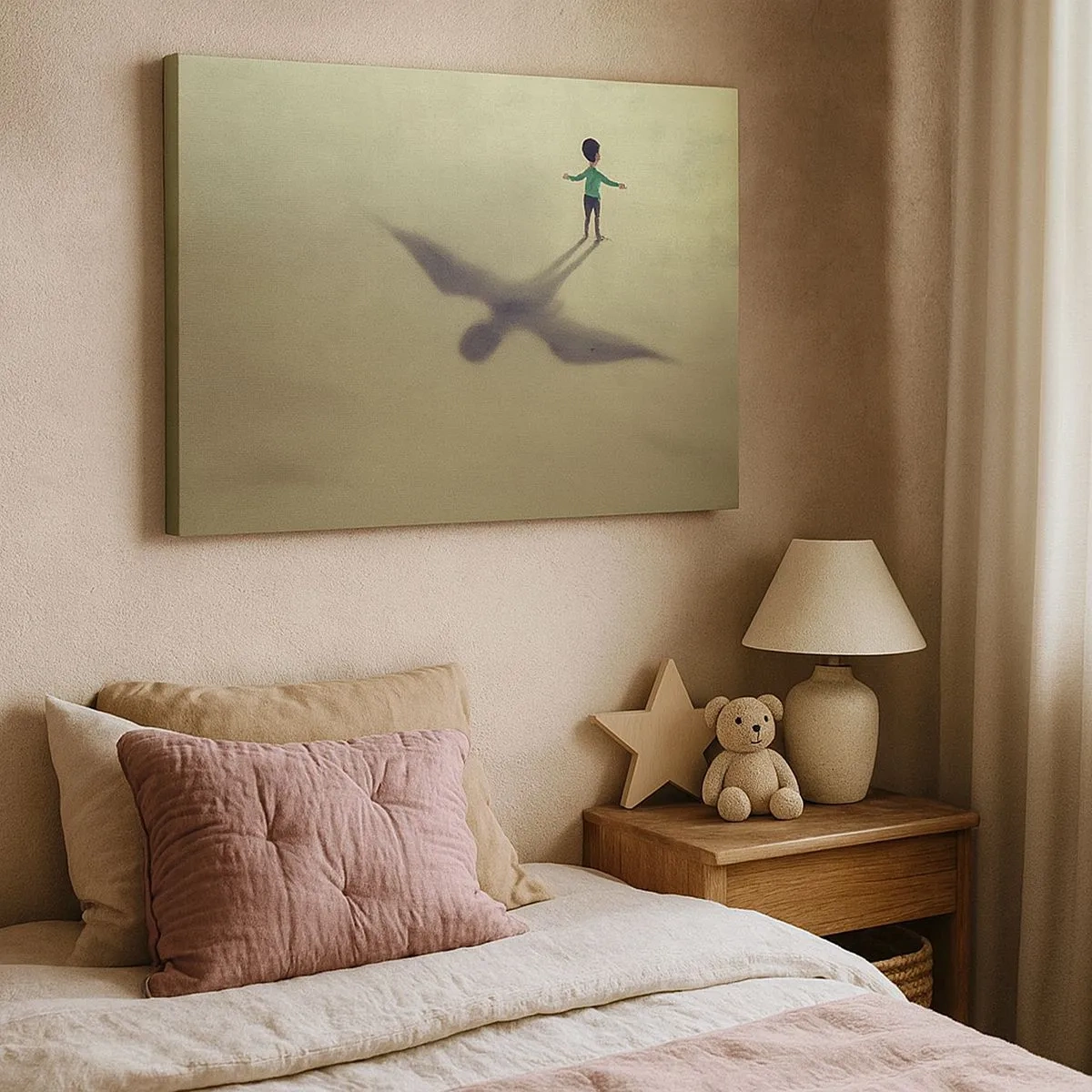 Bild auf Leinwand - Leinwandbild - Eine symbolische Figur eines Kindes mit dem Schatten eines Vogels vor einem Hintergrund in warmen Farbtönen. - 70x50cm - Der Held der Zukunft - Moderne Wanddekoration für Wohnzimmer und Schlafzimmer ARTTOR
