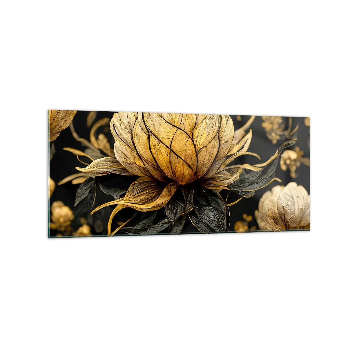 Glasbild - Bild auf glas - Goldene Blume auf dunklem Hintergrund - 120x50cm - Subtile Zerbrechlichkeit - Moderne Wanddekoration für Wohnzimmer und Schlafzimmer ARTTOR