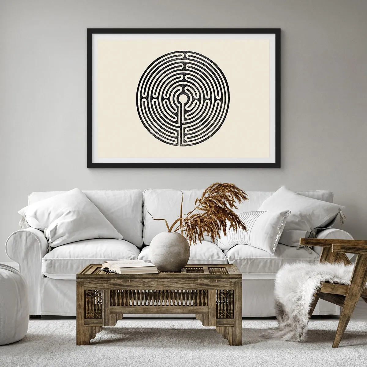 Poster in einem schwarzem Rahmen - Schwarz-weißes kreisförmiges Labyrinth auf hellem Hintergrund - 70x50cm - Geheimnisvolle Ordnung - Moderne Wanddekoration für Wohnzimmer und Schlafzimmer ARTTOR