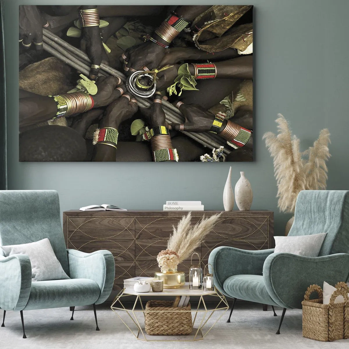 Bild auf Leinwand - Leinwandbild - Traditionelle Handarmbänder in einer Gruppe von Händen - 100x70cm - Wir sind zusammen - Moderne Wanddekoration für Wohnzimmer und Schlafzimmer ARTTOR