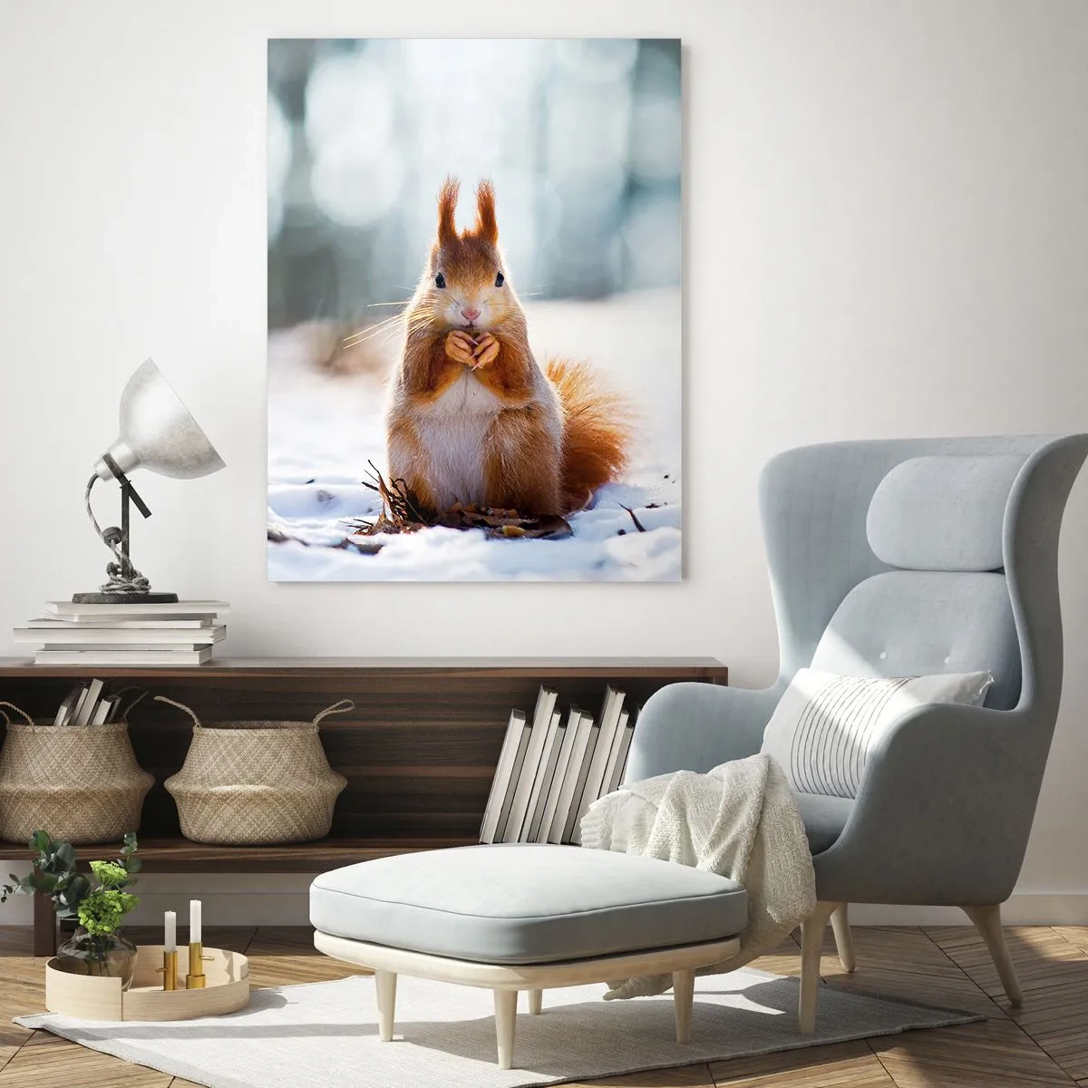 Glasbild - Bild auf glas - Ein Eichhörnchen in einer Winterlandschaft - 80x120cm - Wo schaust du hin? - Moderne Wanddekoration für Wohnzimmer und Schlafzimmer ARTTOR