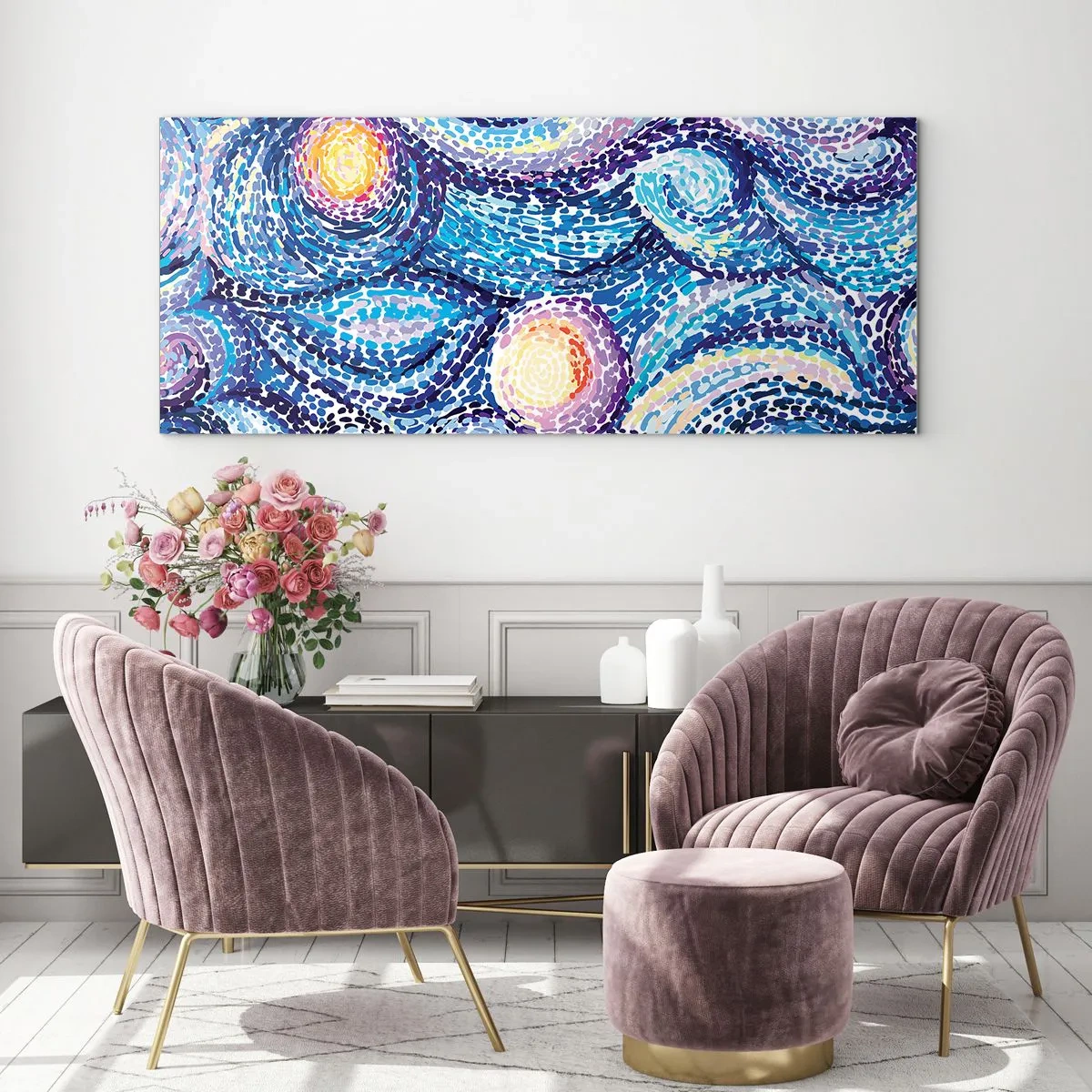 Glasbild - Bild auf glas - Eine künstlerische Interpretation des Sternenhimmels im Stil von Van Gogh - 140x50cm - Aus einem Gemälde von van Gogh - Moderne Wanddekoration für Wohnzimmer und Schlafzimmer ARTTOR