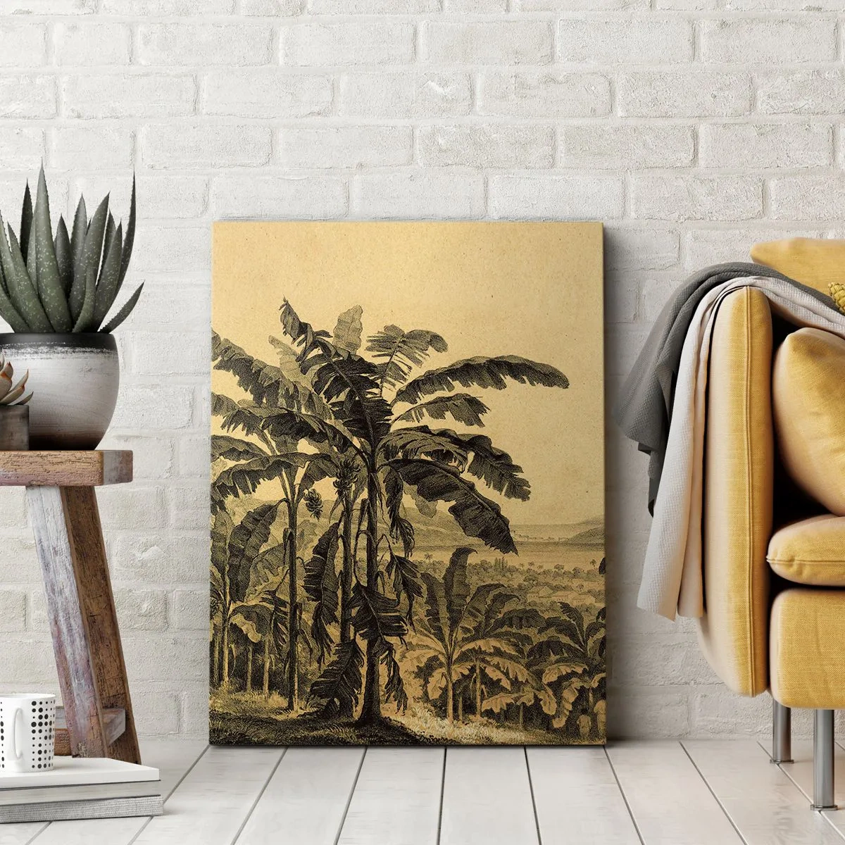 Bild auf Leinwand - Leinwandbild - Zeichnung von Bananenbäumen vor dem Hintergrund einer tropischen Landschaft - 50x70cm - in einem kolonialen Klima - Moderne Wanddekoration für Wohnzimmer und Schlafzimmer ARTTOR