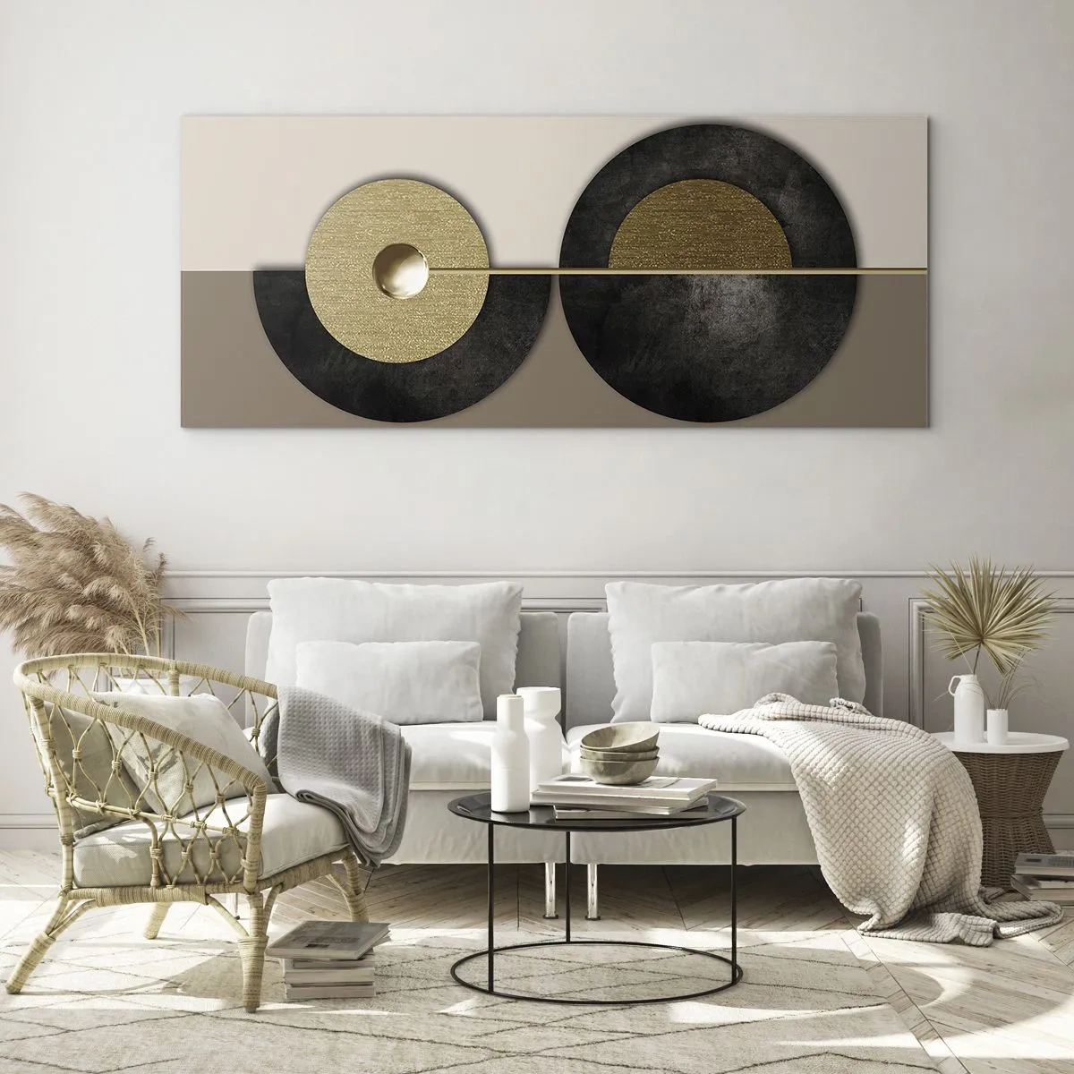 Glasbild - Bild auf glas - Abstrakte Kreise in Gold- und Brauntönen - 120x50cm - Variationen rund um den Kreis - Moderne Wanddekoration für Wohnzimmer und Schlafzimmer ARTTOR