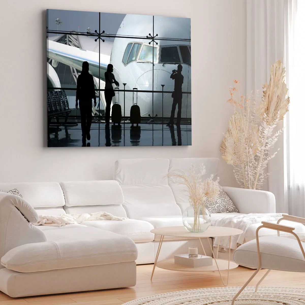 Bild auf Leinwand - Leinwandbild - Flughafen mit Silhouetten von Menschen und Blick auf das Flugzeug - 100x70cm - Vis a vis am Flughafen - Moderne Wanddekoration für Wohnzimmer und Schlafzimmer ARTTOR