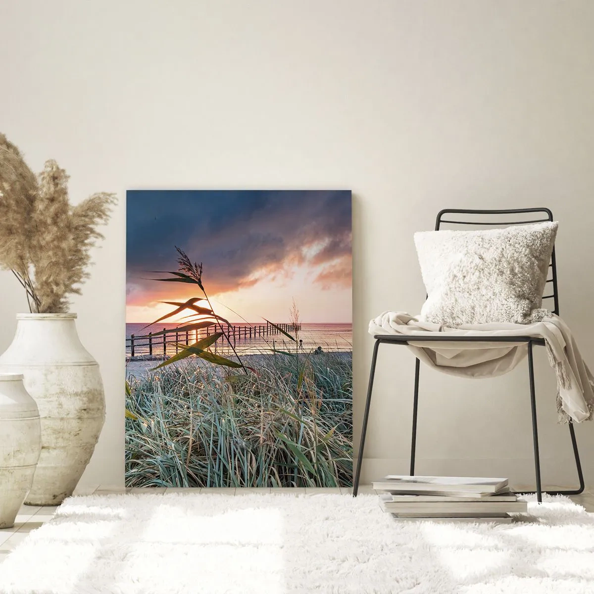 Glasbild - Bild auf glas - Strand bei Sonnenuntergang mit Gräsern im Vordergrund - 70x100cm - Es vergeht nicht mit dem Wind - Moderne Wanddekoration für Wohnzimmer und Schlafzimmer ARTTOR