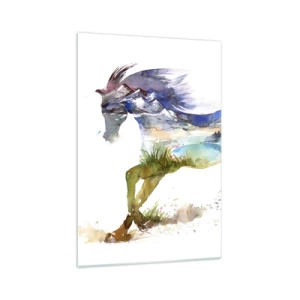 Glasbild - Bild auf glas - Aquarell eines Pferdes mit einer Berglandschaft in der Silhouette - 70x100cm - Von der Wiese direkt in den Himmel - Moderne Wanddekoration für Wohnzimmer und Schlafzimmer ARTTOR