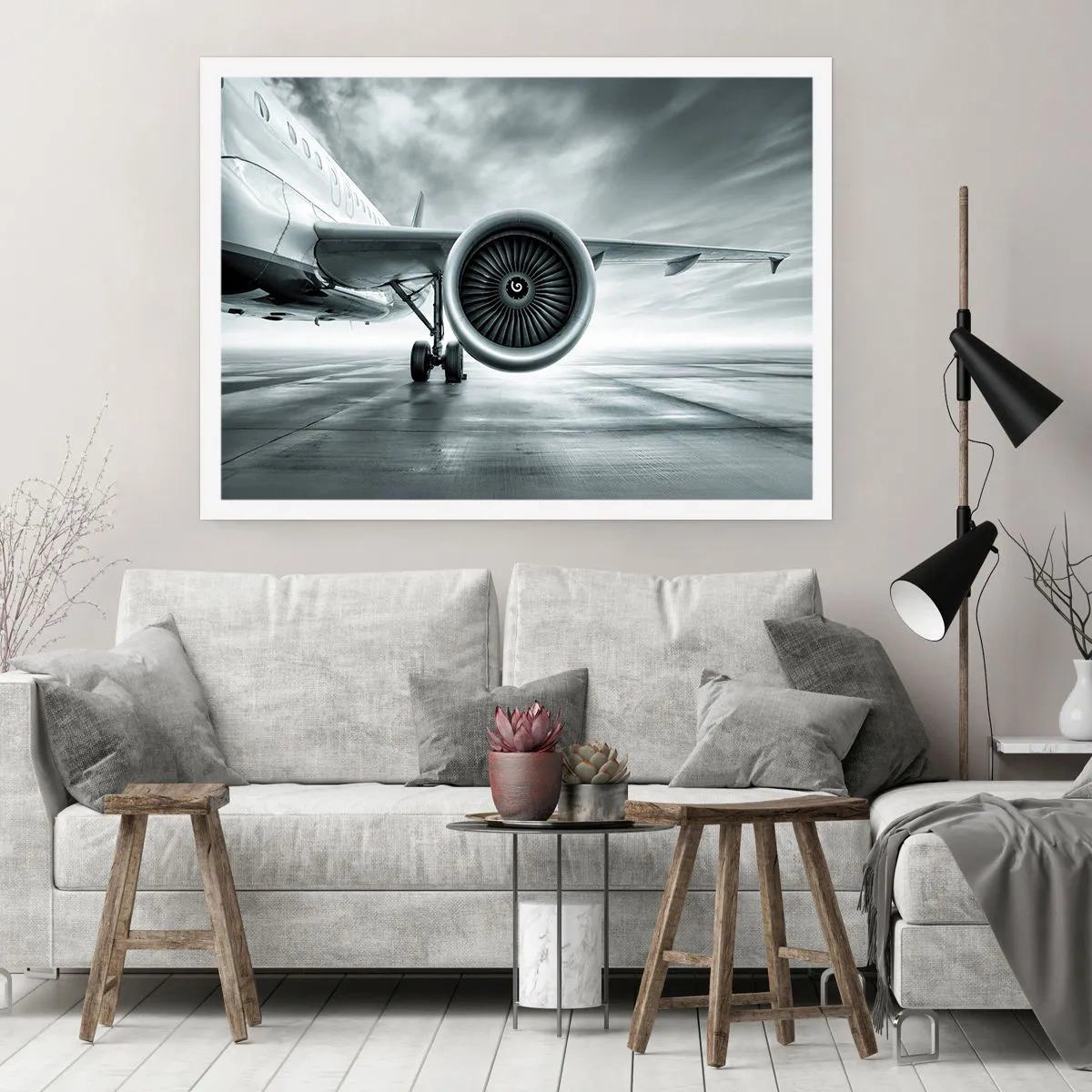 Poster - Das Düsentriebwerk eines Flugzeugs auf dem Rollfeld - 100x70cm - Die Macht ist da! - Moderne Wanddekoration für Wohnzimmer und Schlafzimmer ARTTOR