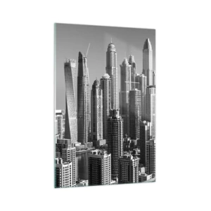 Glasbild - Bild auf glas - Panorama moderner Wolkenkratzer in monochromen Tönen - 70x100cm - Stadt in der Wüste - Moderne Wanddekoration für Wohnzimmer und Schlafzimmer ARTTOR