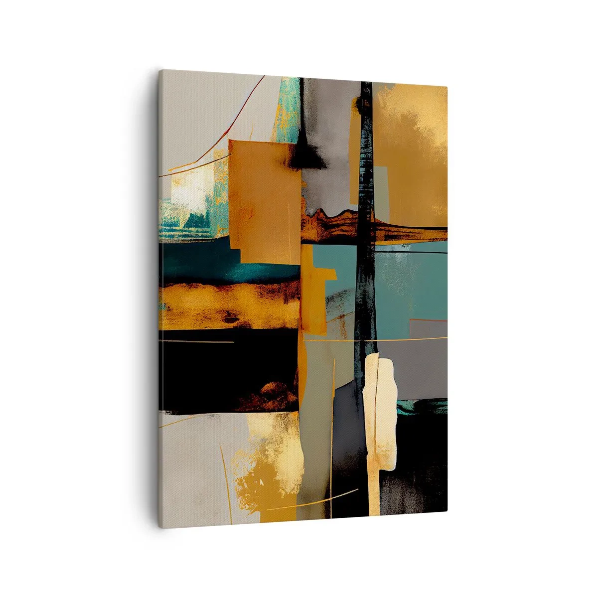 Bild auf Leinwand - Leinwandbild - Abstrakte Komposition mit goldenen und türkisfarbenen Elementen - 50x70cm - Abstraktion – Licht und Schatten - Moderne Wanddekoration für Wohnzimmer und Schlafzimmer ARTTOR
