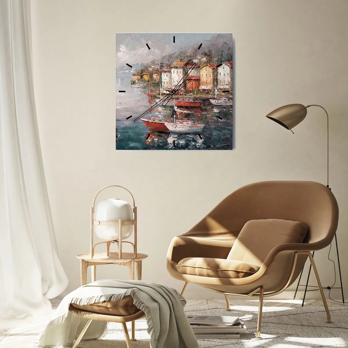 Wanduhr - Glasuhr - Küstenlandschaft mit Booten und bunten Häusern - 30x30cm - Romantische Oase - Moderne Wanddekoration für Wohnzimmer und Schlafzimmer ARTTOR