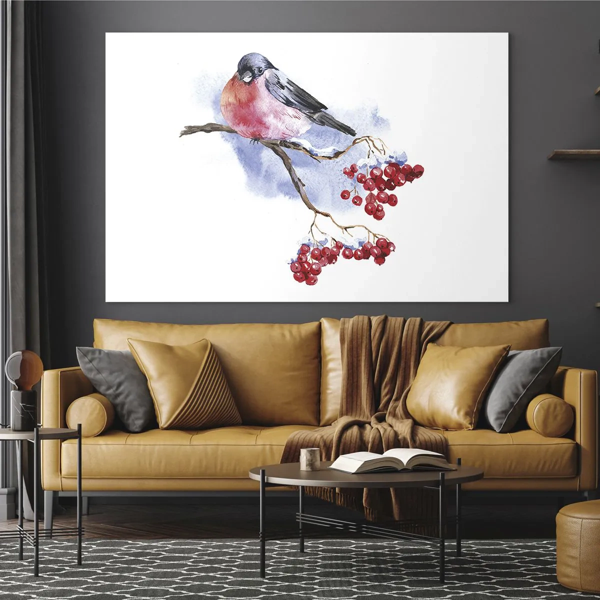 Glasbild - Bild auf glas - Ein Vogel auf einem Ebereschenzweig - 70x50cm - Winter in Farbe - Moderne Wanddekoration für Wohnzimmer und Schlafzimmer ARTTOR