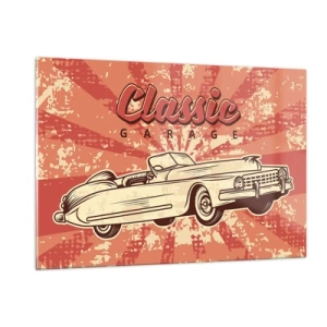 Glasbild - Bild auf glas - Retro-Grafik eines Oldtimers vor einem Strahlenhintergrund - 120x80cm - Und im Radio, Elvis - Moderne Wanddekoration für Wohnzimmer und Schlafzimmer ARTTOR