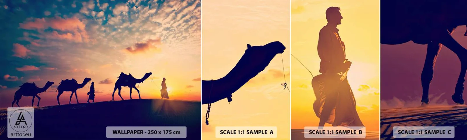 Fototapeten Muster Selbstklebend Deluxe Sticker - Der geheimnisvolle Geist des Orients - Landschaft, Wüste, Kamel - 100x30 cm