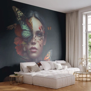 Selbstklebende Fototapete Deluxe Sticker - Wunderbare Metamorphose - Schmetterlinge, Gesicht, Frau - 100x70 cm