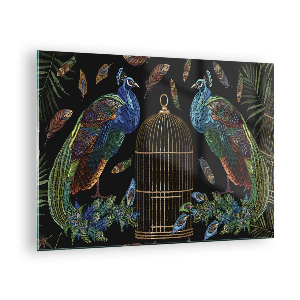 Glasbild - Bild auf glas - Bunte Pfauen und ein Käfig auf schwarzem Hintergrund - 70x50cm - In königlichen Gewändern - Moderne Wanddekoration für Wohnzimmer und Schlafzimmer ARTTOR
