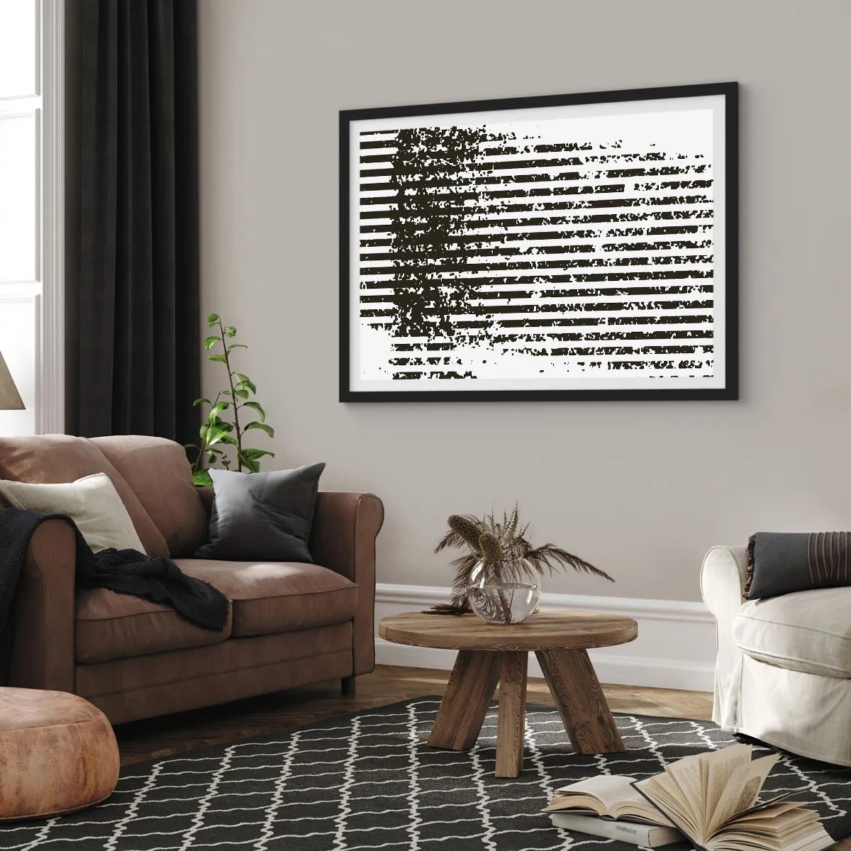 Poster in einem schwarzem Rahmen - Abstrakte Linien mit Distressed-Effekt in Schwarz und Weiß - 100x70cm - Rhythmus und Rauschen - Moderne Wanddekoration für Wohnzimmer und Schlafzimmer ARTTOR