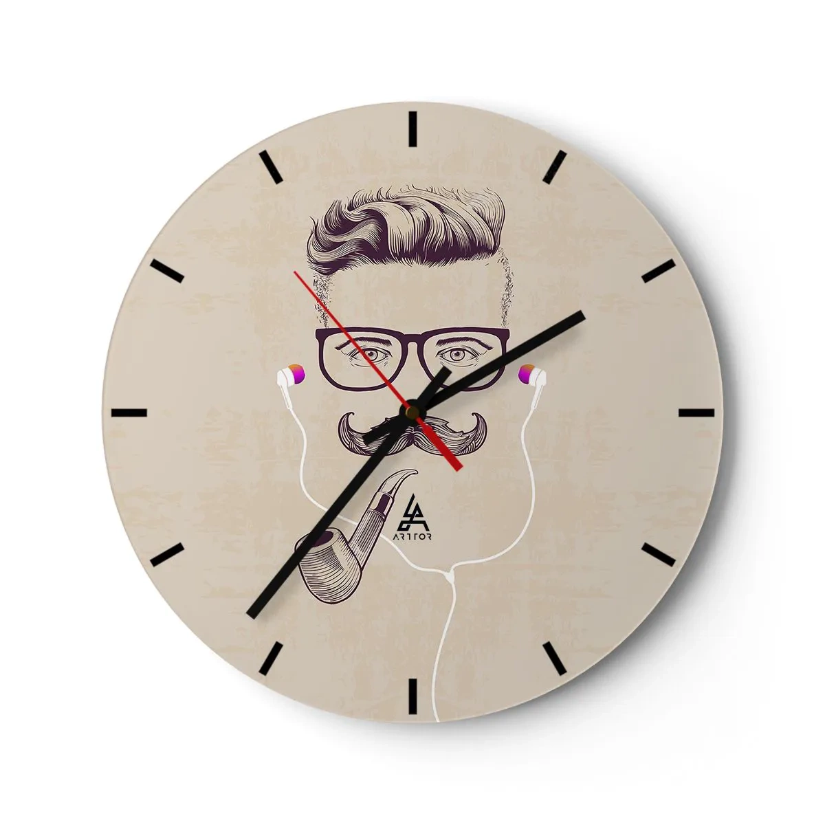 Wanduhr - Glasuhr - Illustration eines Gesichts mit Schnurrbart, Brille, Pfeife und Kopfhörern - 30x30cm - Ein echter Mann? - Moderne Wanddekoration für Wohnzimmer, Küche und Schlafzimmer ARTTOR