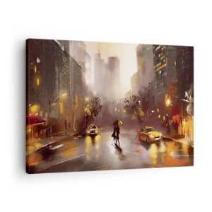 Bild auf Leinwand - Leinwandbild - Eine nächtliche Stadtszene im Licht der Straßenlaternen und Spiegelungen auf einer nassen Straße. - 70x50cm - Im Licht von New York - Moderne Wanddekoration für Wohnzimmer und Schlafzimmer ARTTOR