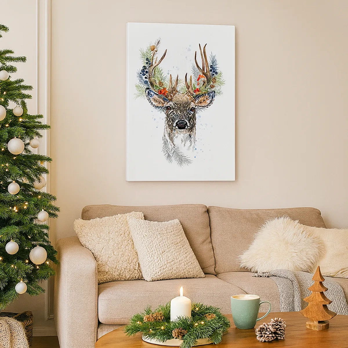 Bild auf Leinwand - Leinwandbild - Stilisierter Hirsch mit dekorativem Geweih auf weißem Hintergrund - 50x70cm - Im festlichen Gewand - Moderne Wanddekoration für Wohnzimmer und Schlafzimmer ARTTOR