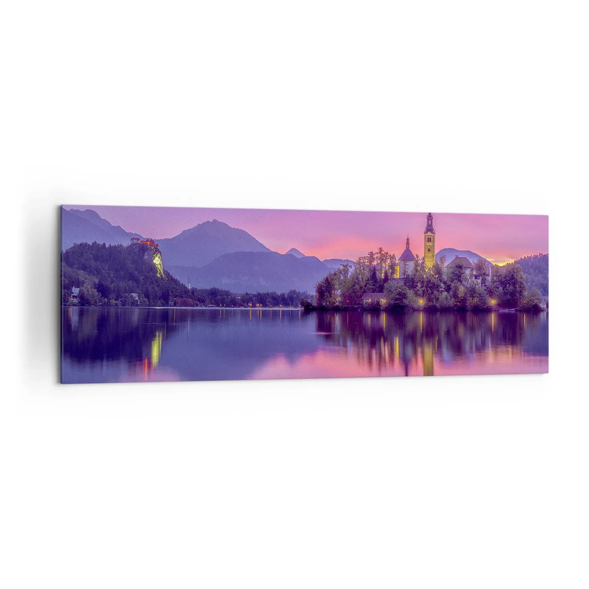 Bild auf Leinwand - Leinwandbild - See mit einer Insel und einer Kirche bei Sonnenuntergang - 160x50cm - Eine märchenhafte Insel in der Abenddämmerung - Moderne Wanddekoration für Wohnzimmer und Schlafzimmer ARTTOR