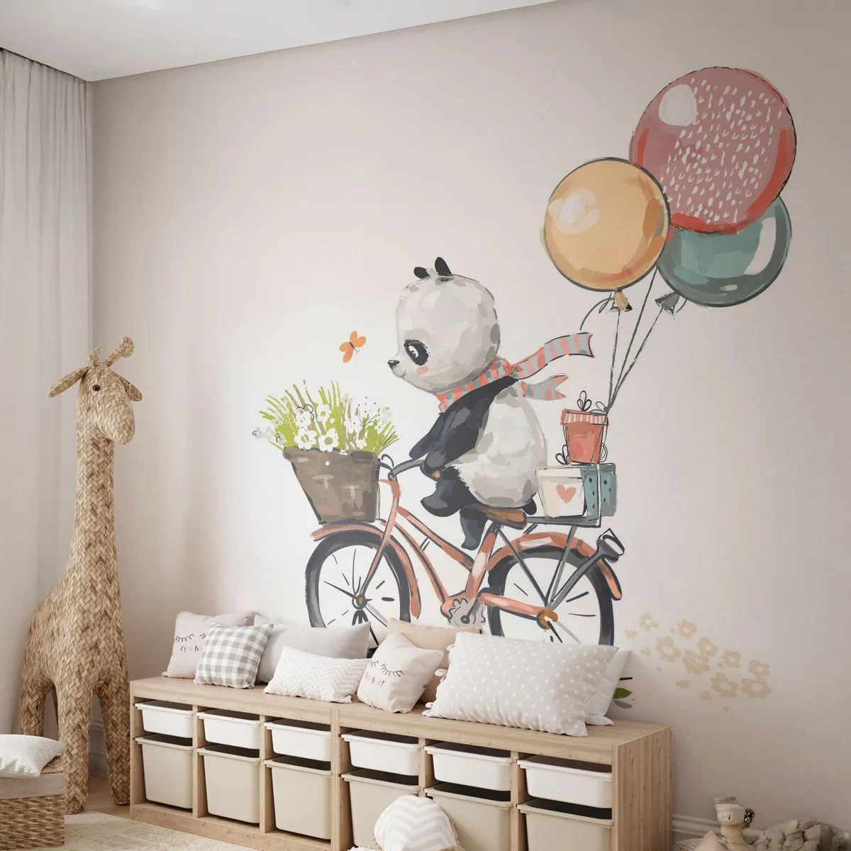 Fototapete Premium Sand - Illustration eines Pandas, der mit Luftballons Fahrrad fährt - 100x70cm - Glücklicher Tag - Moderne Wanddekoration für Wohnzimmer und Schlafzimmer ARTTOR