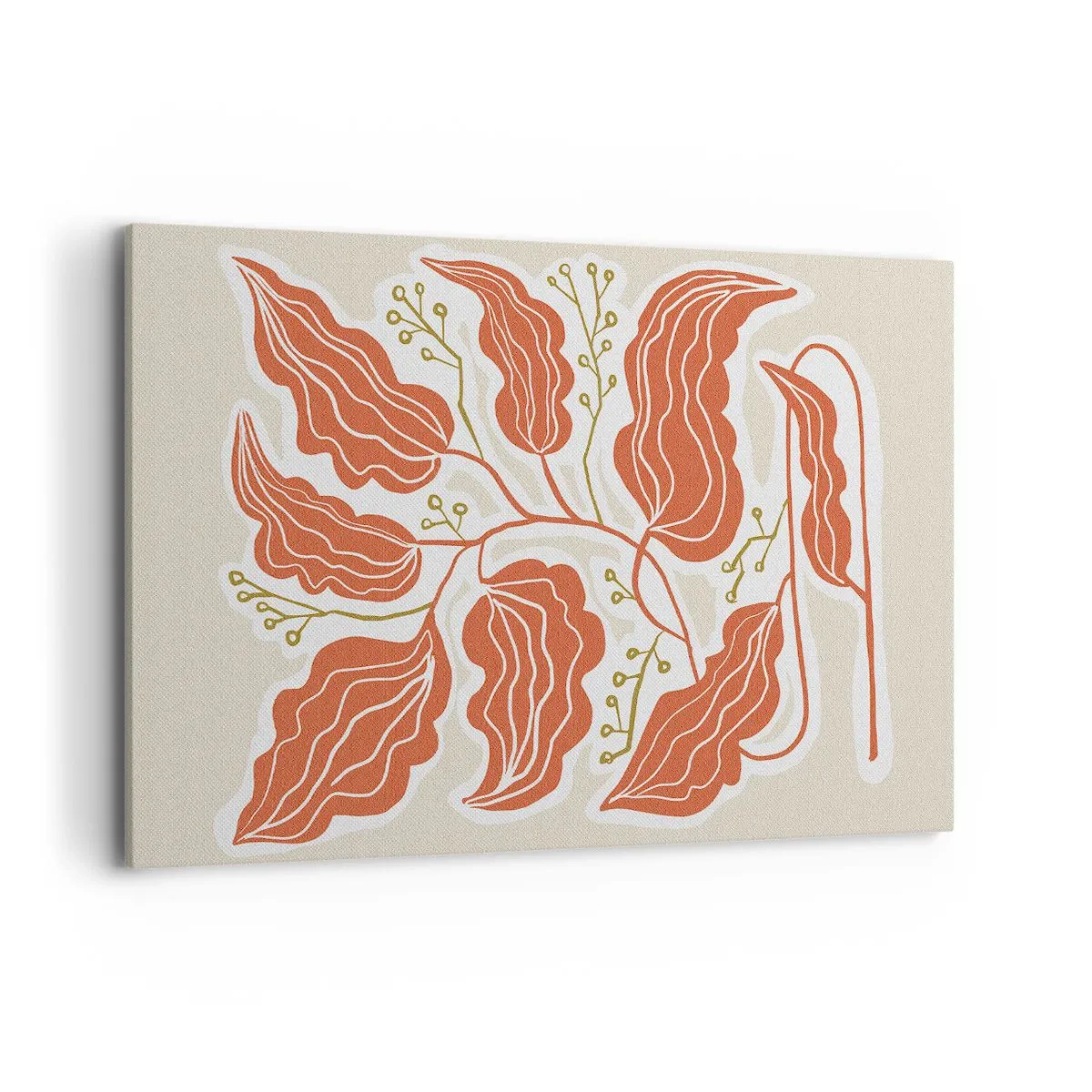 Bild auf Leinwand - Leinwandbild - Ein minimalistisches Blattmotiv in Orange- und Grüntönen. - 120x80cm - Im Folkstil und korallenartig - Moderne Wanddekoration für Wohnzimmer und Schlafzimmer ARTTOR