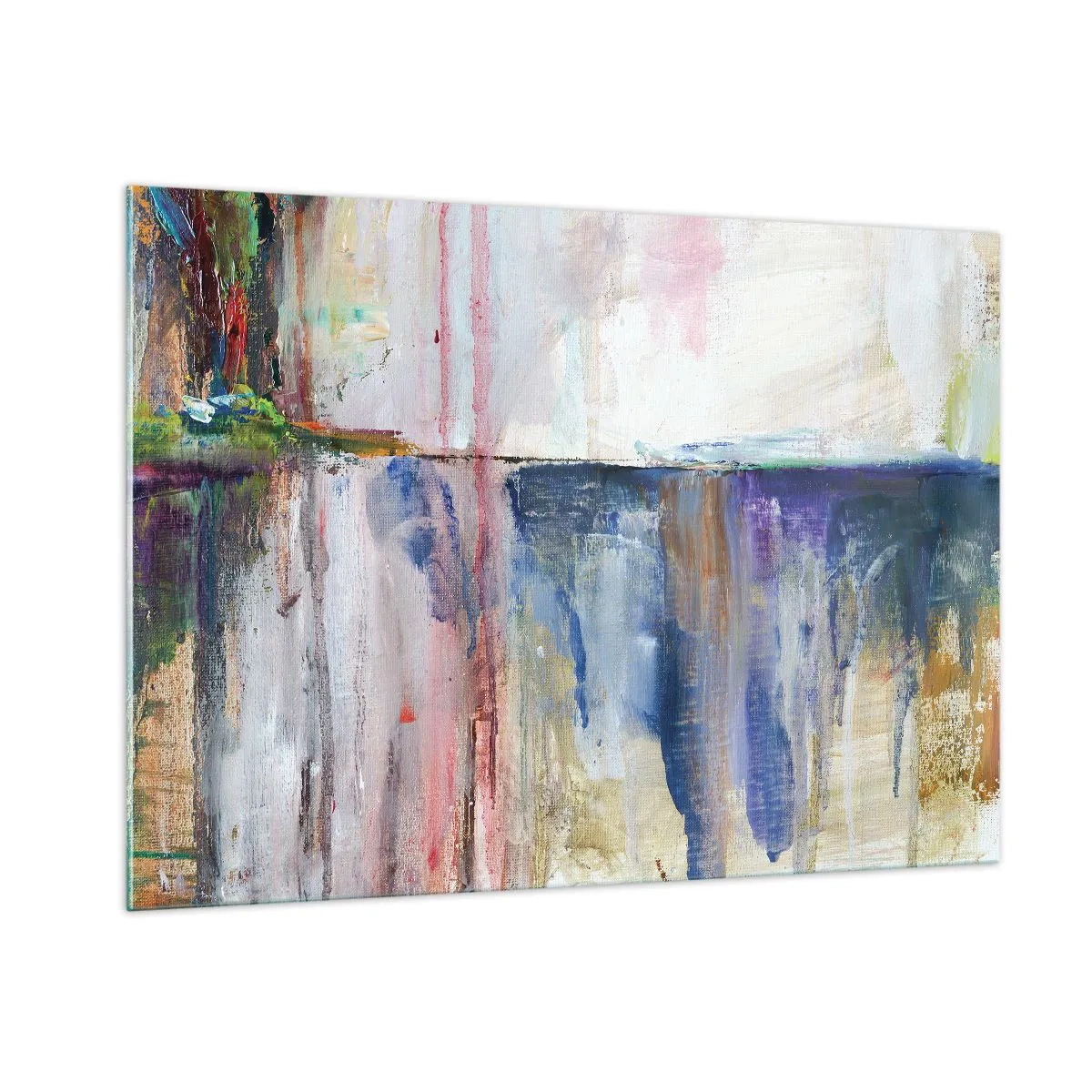 Glasbild - Bild auf glas - Eine farbenfrohe Abstraktion mit dynamischen Farbstreifen und Texturen. - 100x70cm - Bunte Eindrücke und Assoziationen - Moderne Wanddekoration für Wohnzimmer und Schlafzimmer ARTTOR