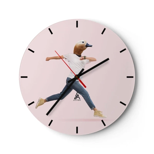 Wanduhr - Glasuhr - Eine Figur in Bewegung mit einem Vogelkopf vor hellem Hintergrund - 30x30cm - Eine Prise Absurdität - Moderne Wanddekoration für Wohnzimmer, Küche und Schlafzimmer ARTTOR