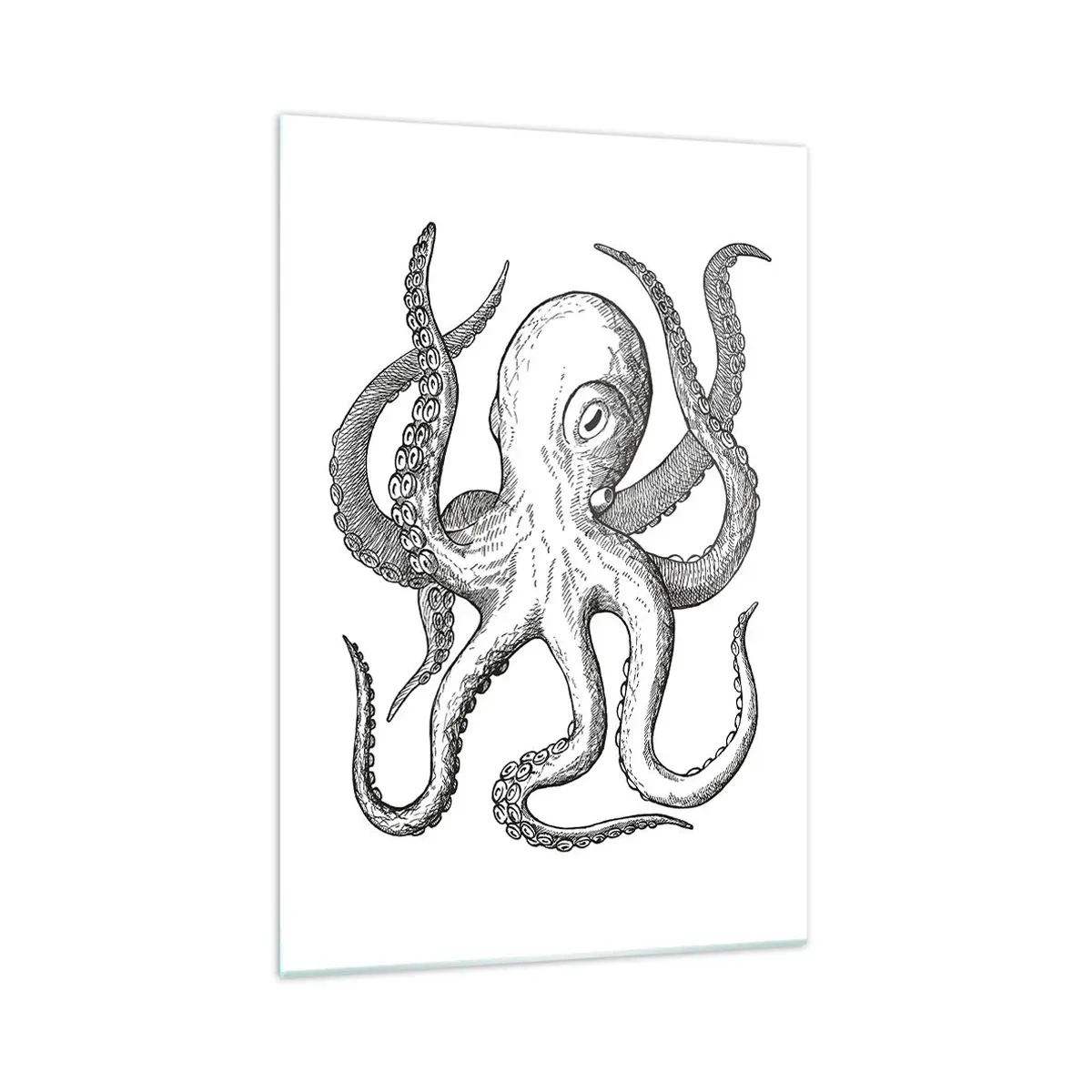 Glasbild - Bild auf glas - Schwarz-weiße Zeichnung eines Oktopus auf weißem Hintergrund im Vintage-Stil - 70x100cm - Mit den Wellen tanzen - Moderne Wanddekoration für Wohnzimmer und Schlafzimmer ARTTOR
