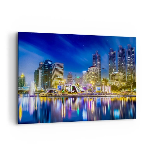 Bild auf Leinwand - Leinwandbild - Nachtpanorama der Stadt mit auf dem Wasser reflektierten Lichtern - 120x80cm - Metropolis bei Regenbogennacht - Moderne Wanddekoration für Wohnzimmer und Schlafzimmer ARTTOR