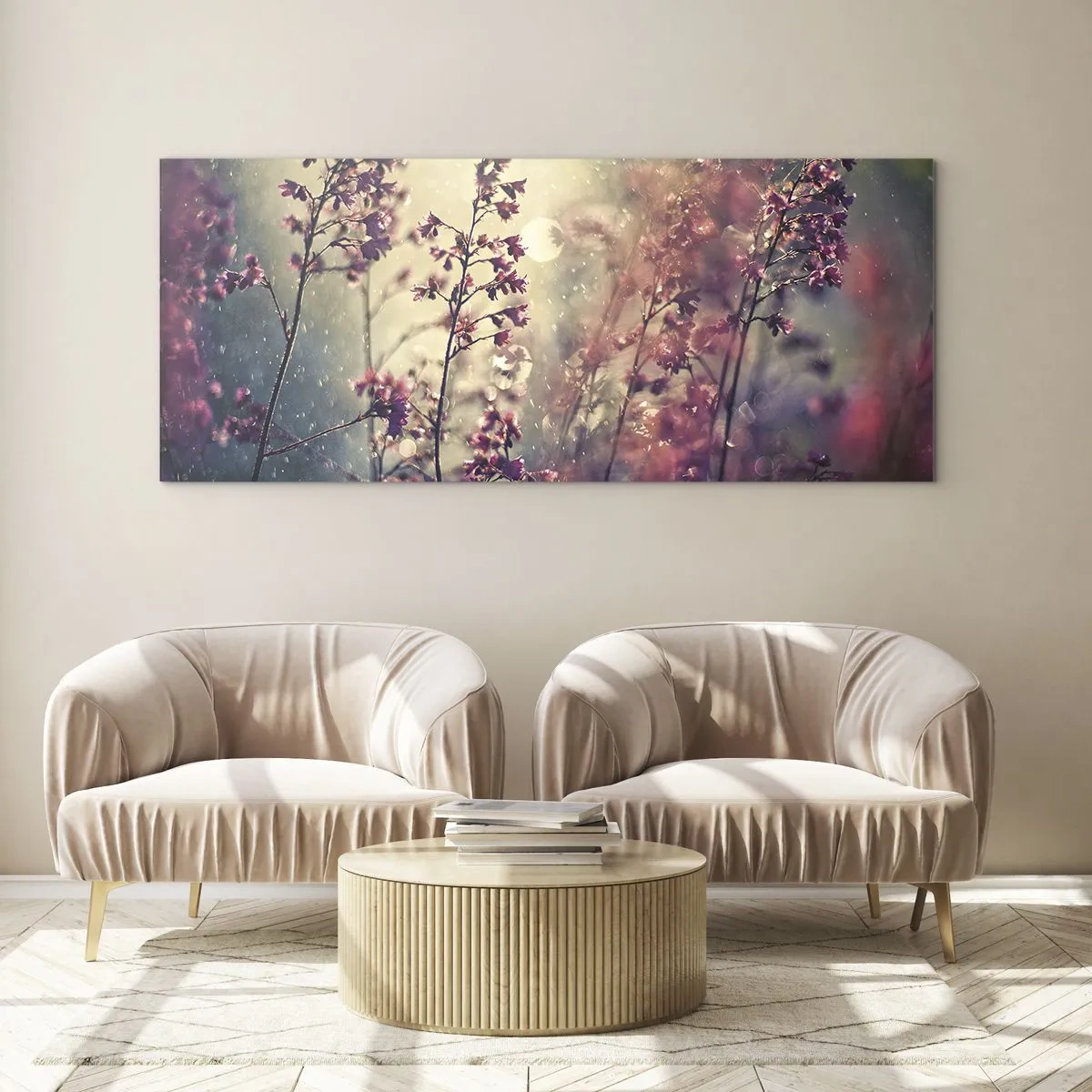 Glasbild - Bild auf glas - Blumen im Sonnenlicht vor dem Hintergrund der Natur - 120x50cm - Geheimnisvoller Garten - Moderne Wanddekoration für Wohnzimmer und Schlafzimmer ARTTOR