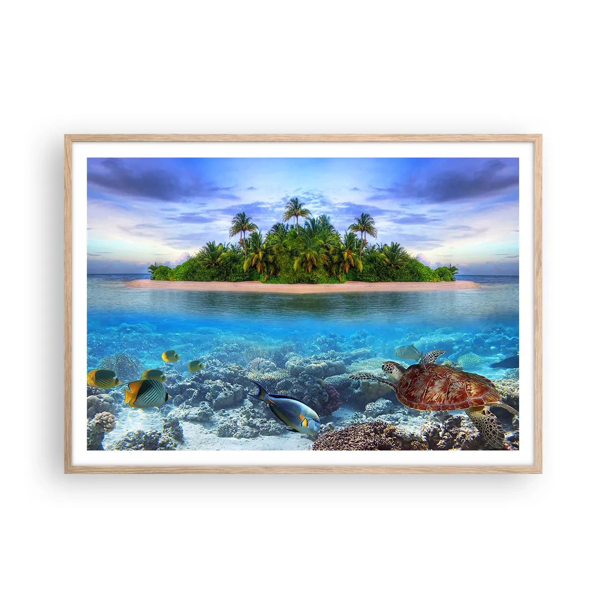 Poster in einem Rahmen aus heller Eiche - Heavenly Island lädt dich ein - 100x70 cm