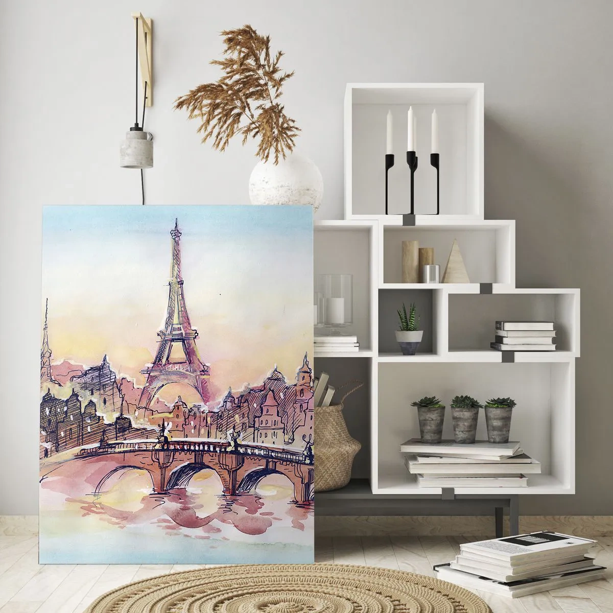 Glasbild - Bild auf glas - Aquarellpanorama von Paris mit dem Eiffelturm bei Sonnenuntergang - 80x120cm - Die einzige Stadt dieser Art auf der Welt - Moderne Wanddekoration für Wohnzimmer und Schlafzimmer ARTTOR