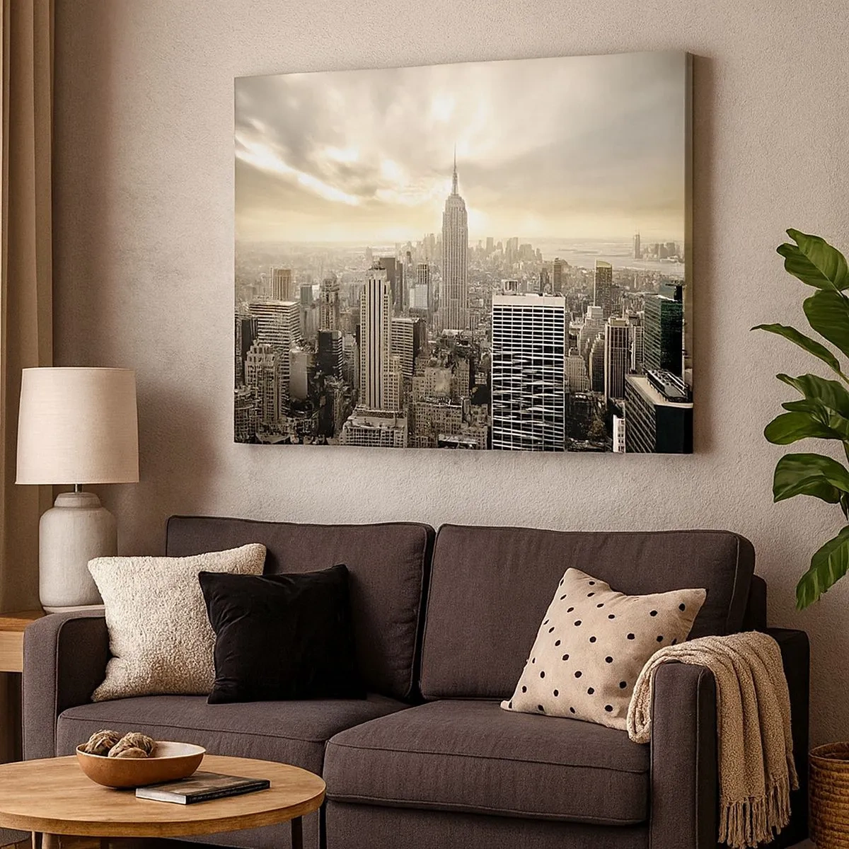 Bild auf Leinwand - Leinwandbild - Panorama der Stadt mit Blick auf das Empire State Building - 70x50cm - New York aus Grau - Moderne Wanddekoration für Wohnzimmer und Schlafzimmer ARTTOR