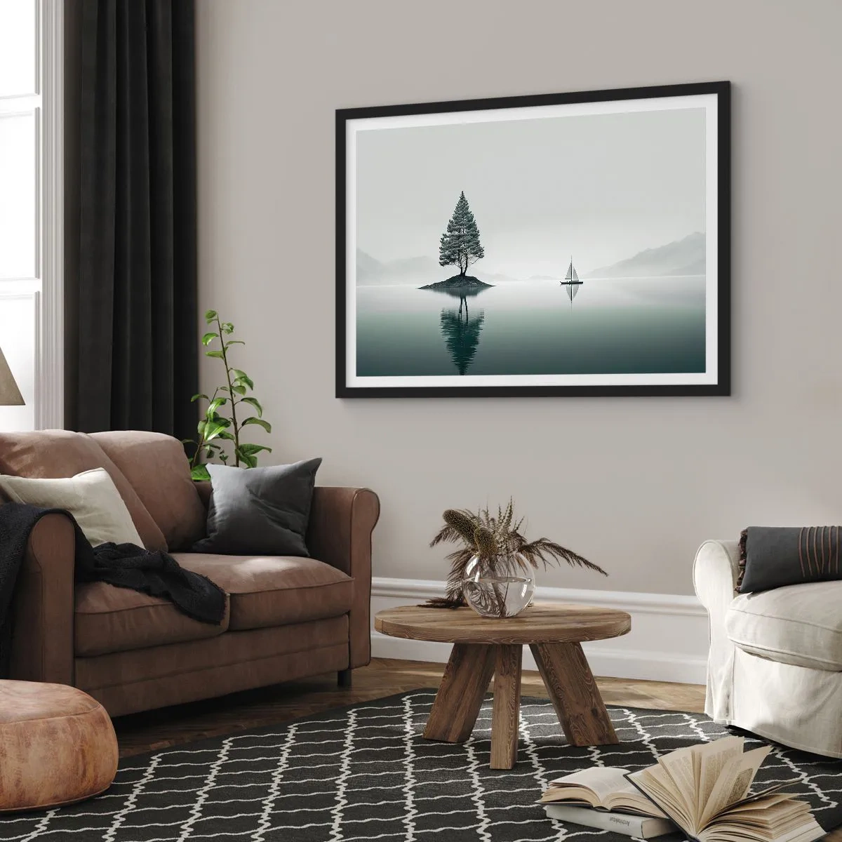 Poster in einem schwarzem Rahmen - Eine minimalistische Landschaft mit einem Baum auf einer Insel und einem Segelboot. - 70x50cm - Traum - Moderne Wanddekoration für Wohnzimmer und Schlafzimmer ARTTOR