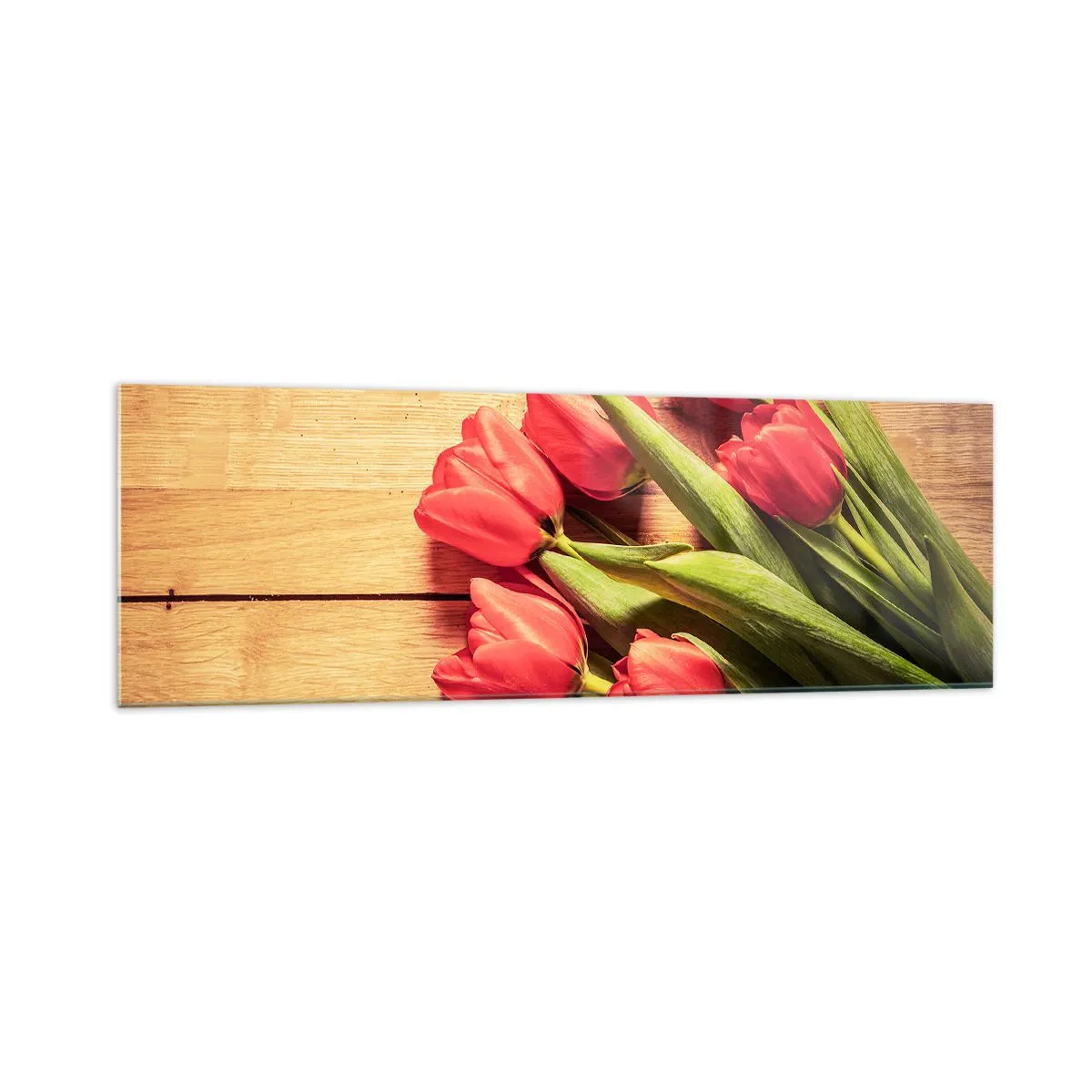 Glasbild - Bild auf glas - Ein Strauß rosa Tulpen auf einem hölzernen Hintergrund - 160x50cm - Frühlingsgeständnis - Moderne Wanddekoration für Wohnzimmer und Schlafzimmer ARTTOR