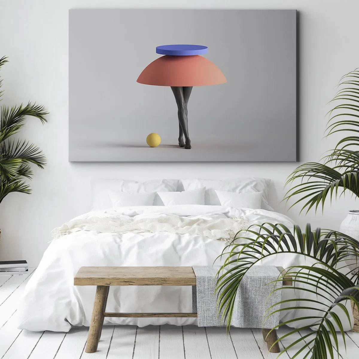 Bild auf Leinwand - Leinwandbild - Abstrakte geometrische Komposition mit Beinen und einem Ball - 70x50cm - Surrealistische Komposition - Moderne Wanddekoration für Wohnzimmer und Schlafzimmer ARTTOR