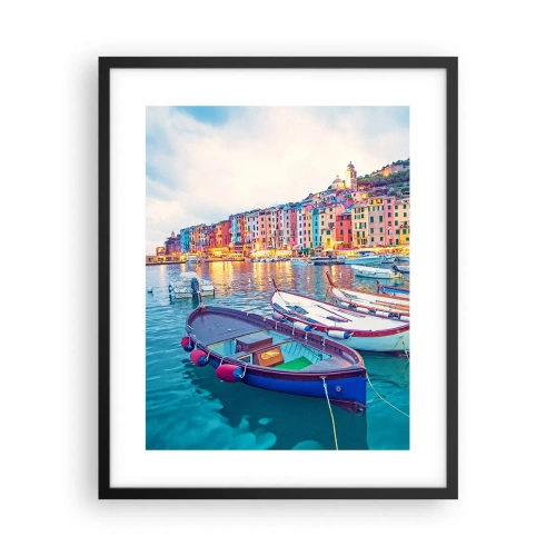 Poster in einem schwarzem Rahmen - Bunter Abend im Hafen - 40x50 cm