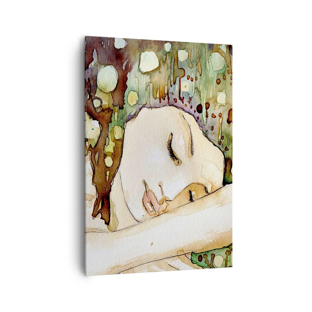 Bild auf Leinwand - Leinwandbild - Eine träumende Frau, umgeben von abstrakten Formen und Farben. - 70x100cm - Ein smaragd-violetter Traum - Moderne Wanddekoration für Wohnzimmer und Schlafzimmer ARTTOR