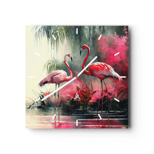 Wanduhr - Glasuhr - Flamingos am Wasser, umgeben von Vegetation - 30x30cm - Lektion in natürlicher Anmut - Moderne Wanddekoration für Wohnzimmer und Schlafzimmer ARTTOR
