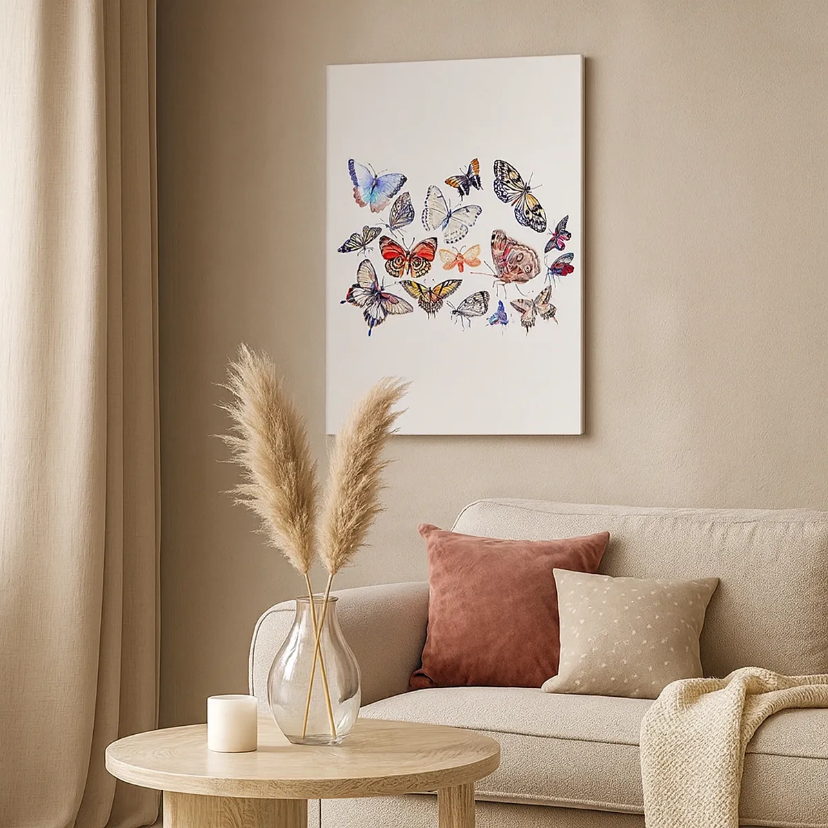 Bild auf Leinwand - Leinwandbild - Bunte Schmetterlinge auf weißem Hintergrund - 50x70cm - Spitzen, bunter Schwarm - Moderne Wanddekoration für Wohnzimmer und Schlafzimmer ARTTOR