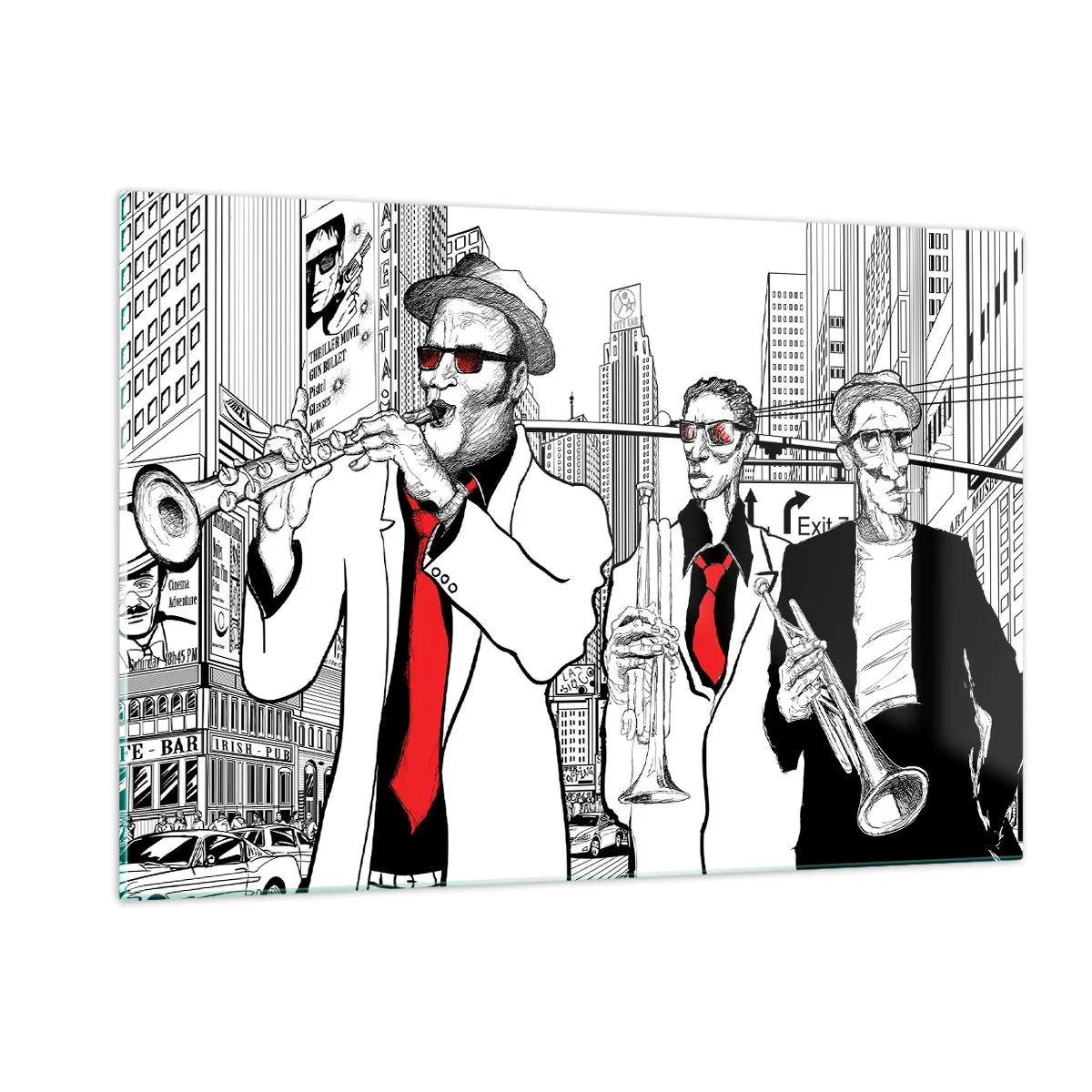 Glasbild - Bild auf glas - Eine Jazz-Straßenband mit modernem Grafikstil. - 120x80cm - Urbane Rhapsodie in Schwarz und Rot - Moderne Wanddekoration für Wohnzimmer und Schlafzimmer ARTTOR