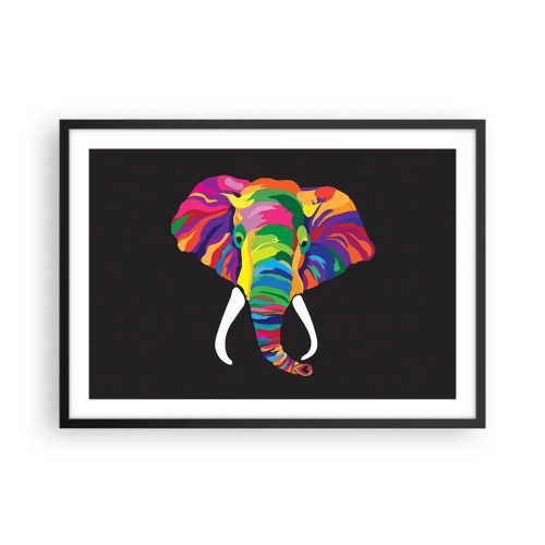 Poster in einem schwarzem Rahmen - Ein buntes Bild eines Elefanten auf schwarzem Hintergrund - 70x50cm - Der Elefant, der es liebte, im Regenbogen zu baden - Moderne Wanddekoration für Wohnzimmer und Schlafzimmer ARTTOR