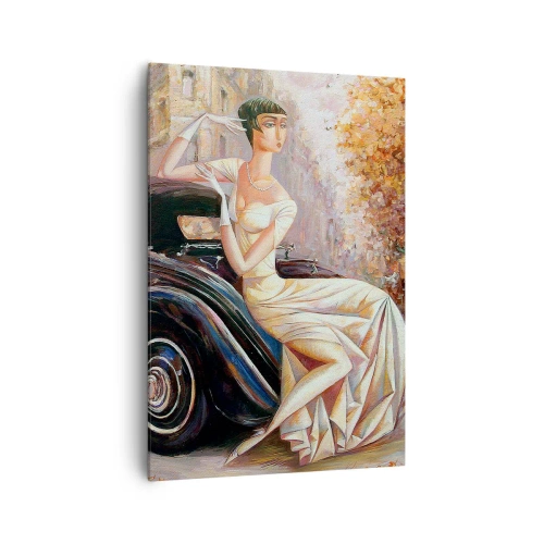 Bild auf Leinwand - Leinwandbild - Retro-Frau neben Oldtimer - 70x100cm - Eleganz im Retro-Stil - Moderne Wanddekoration für Wohnzimmer und Schlafzimmer ARTTOR