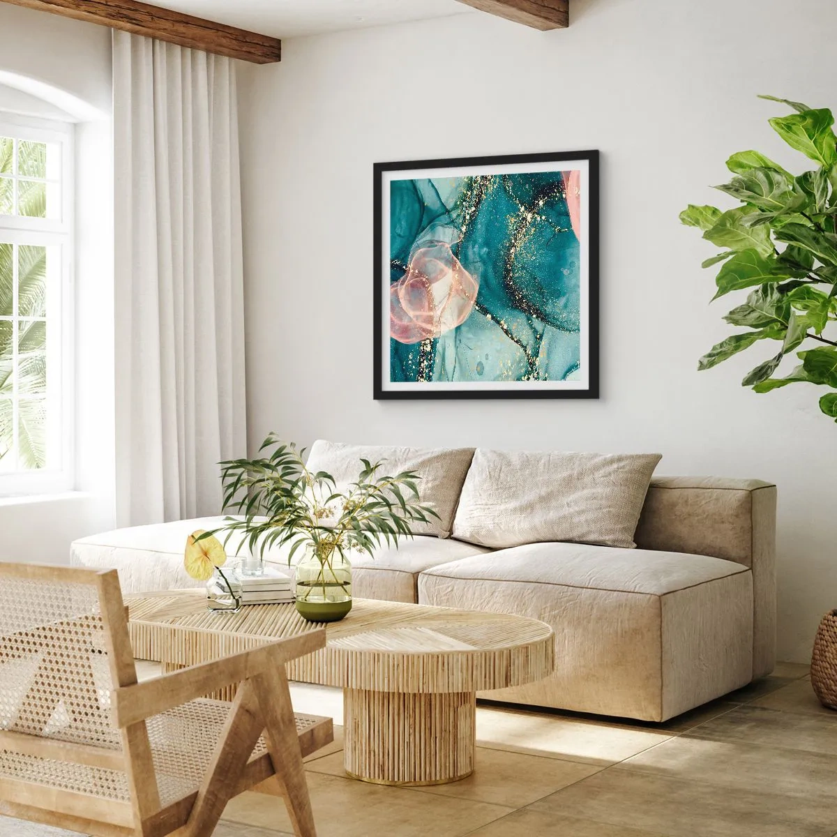 Poster in einem schwarzem Rahmen - Seidenblau, Tüllrosa - 40x40 cm