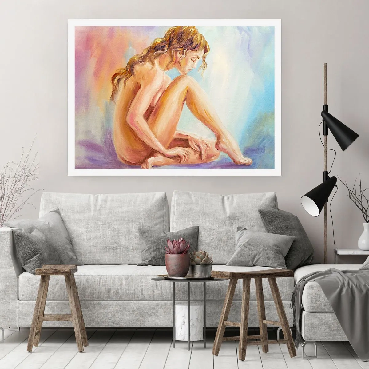 Poster - Eine zarte Figur einer Frau auf einem pastellfarbenen Hintergrund - 100x70cm - Akt der Jugend - Moderne Wanddekoration für Wohnzimmer und Schlafzimmer ARTTOR