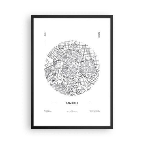 Poster in einem schwarzem Rahmen - Eine minimalistische Karte von Madrid in Schwarzweiß. - 50x70cm - Anatomie von Madrid - Moderne Wanddekoration für Wohnzimmer und Schlafzimmer ARTTOR