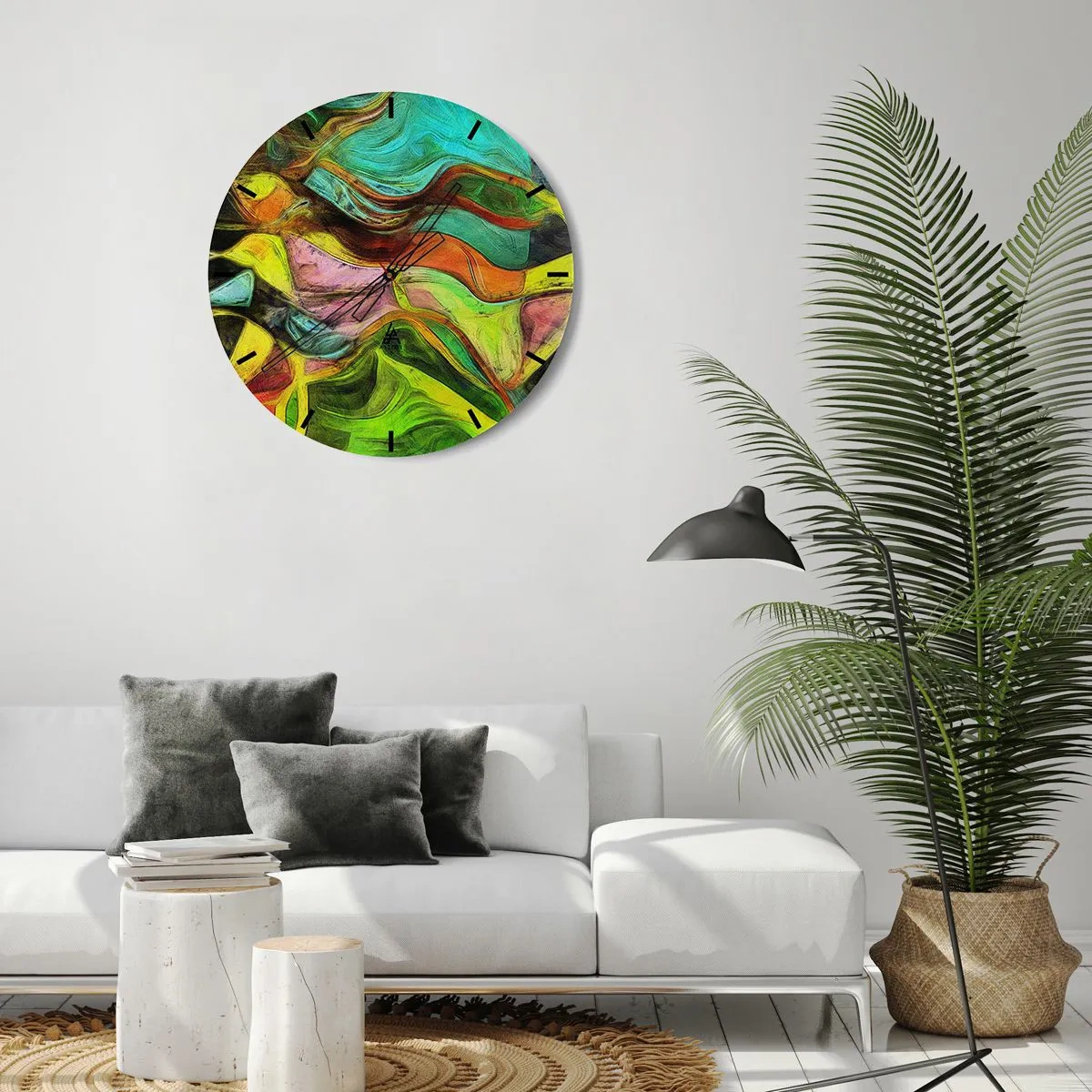 Wanduhr - Glasuhr - Farbenfrohe Abstraktion mit dynamischen Linien und Formen - 30x30cm - Bewegung ist Leben - Moderne Wanddekoration für Wohnzimmer, Küche und Schlafzimmer ARTTOR