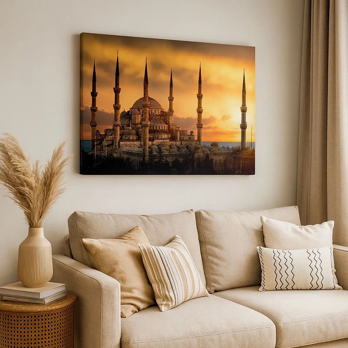 Bild auf Leinwand - Leinwandbild - Die Moschee bei Sonnenuntergang in warmen Farben - 70x50cm - Gott ist großartig - Moderne Wanddekoration für Wohnzimmer und Schlafzimmer ARTTOR